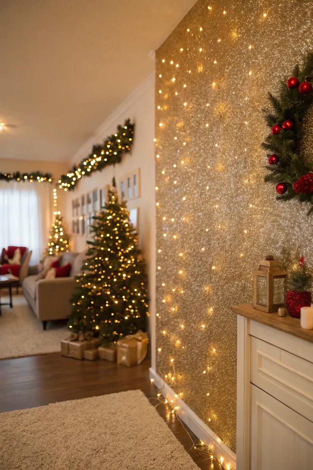 A shimmer accent wall adds holiday sparkle to decor.