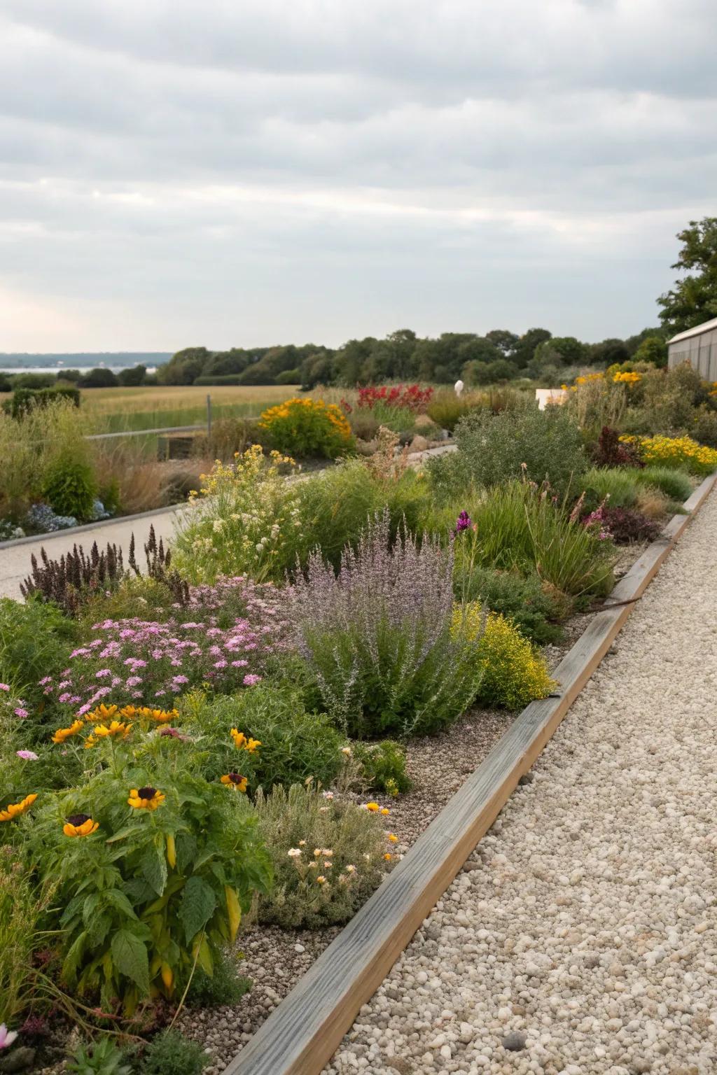 A pebble garden bed that is sustainable and features indigenous flora