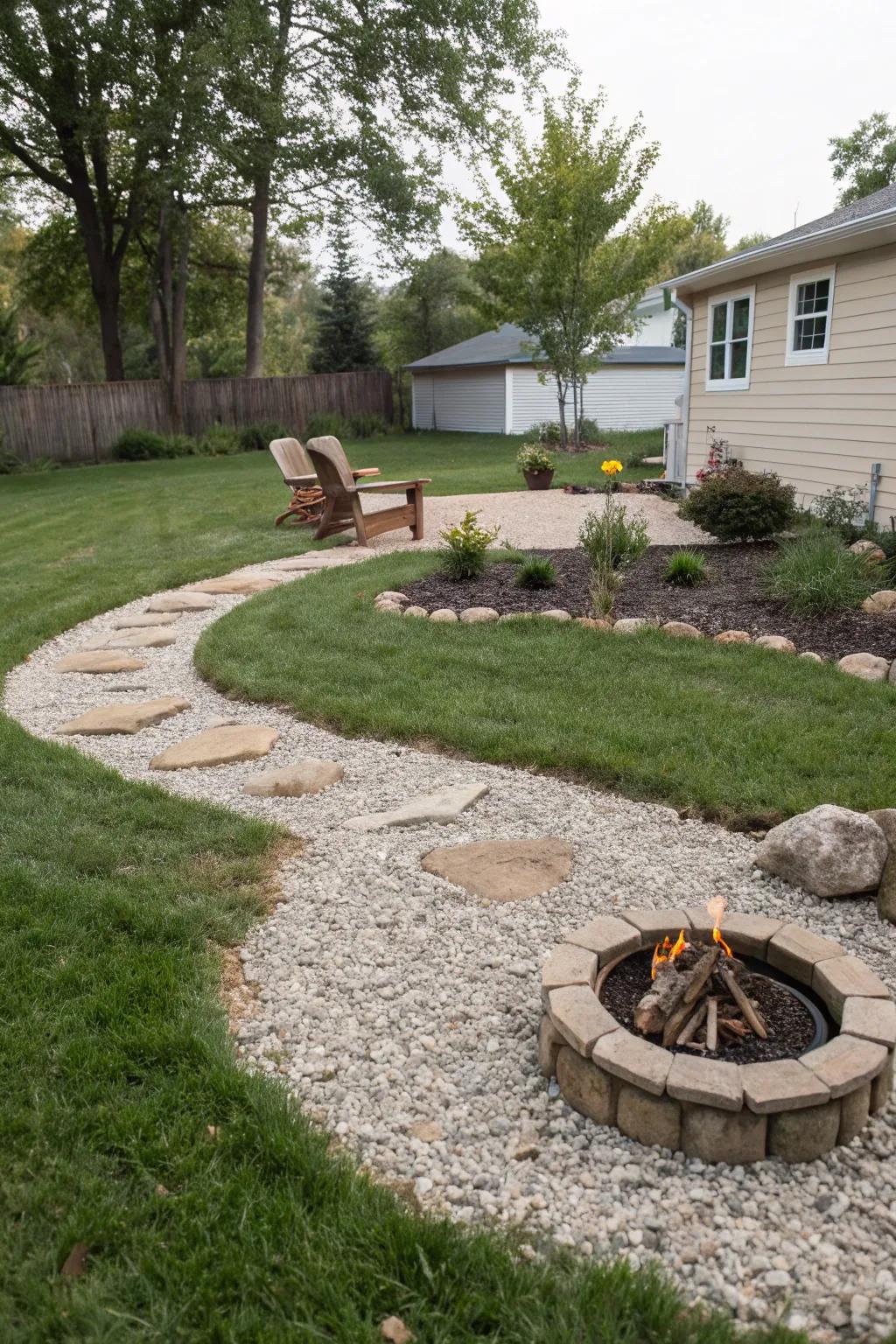 A gravel area around a fire pit invites cozy gatherings.