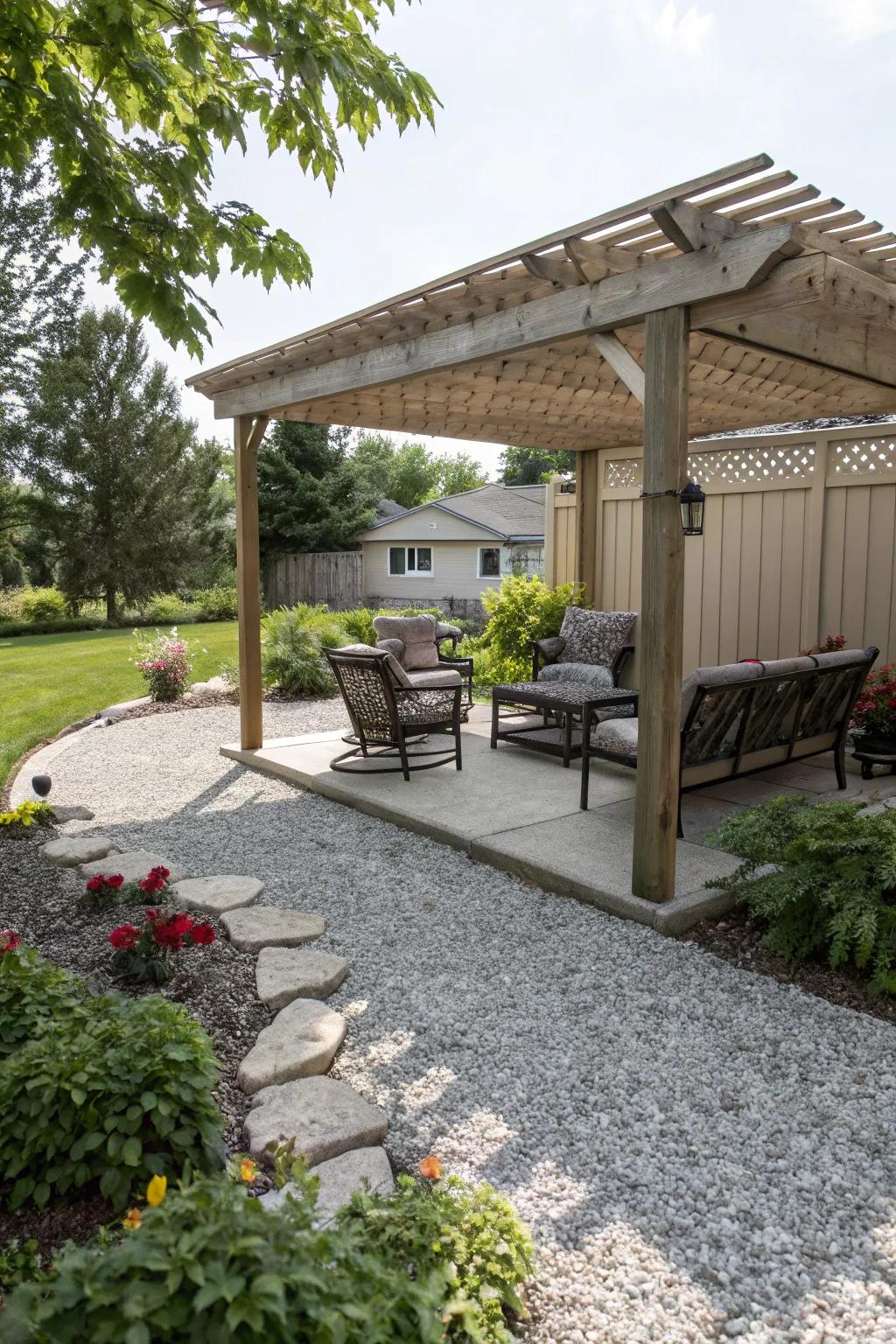 A charming pergola providing shade over a gravel patio.