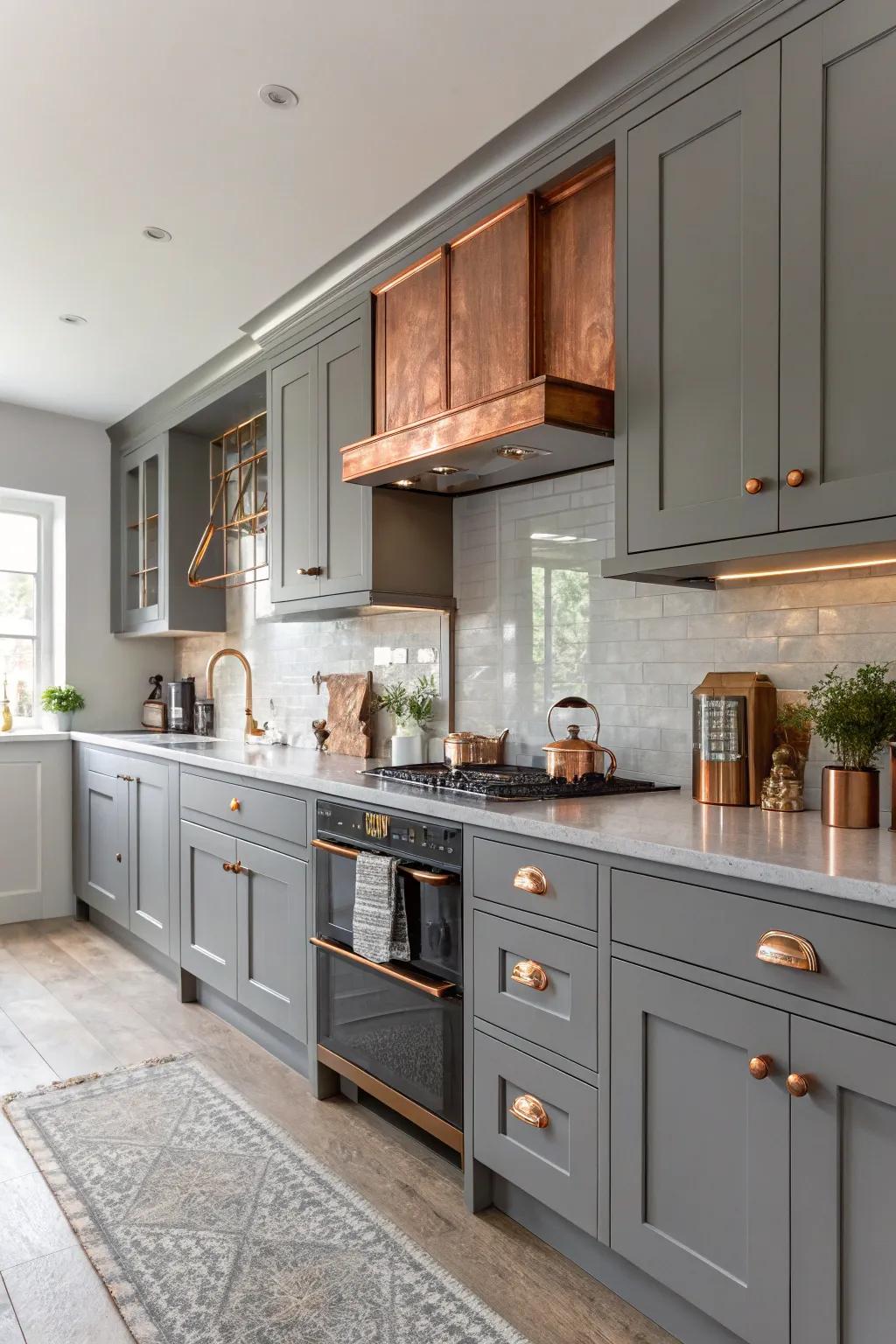 The gray kitchen cabinets are given a chic contrast by the copper accents.