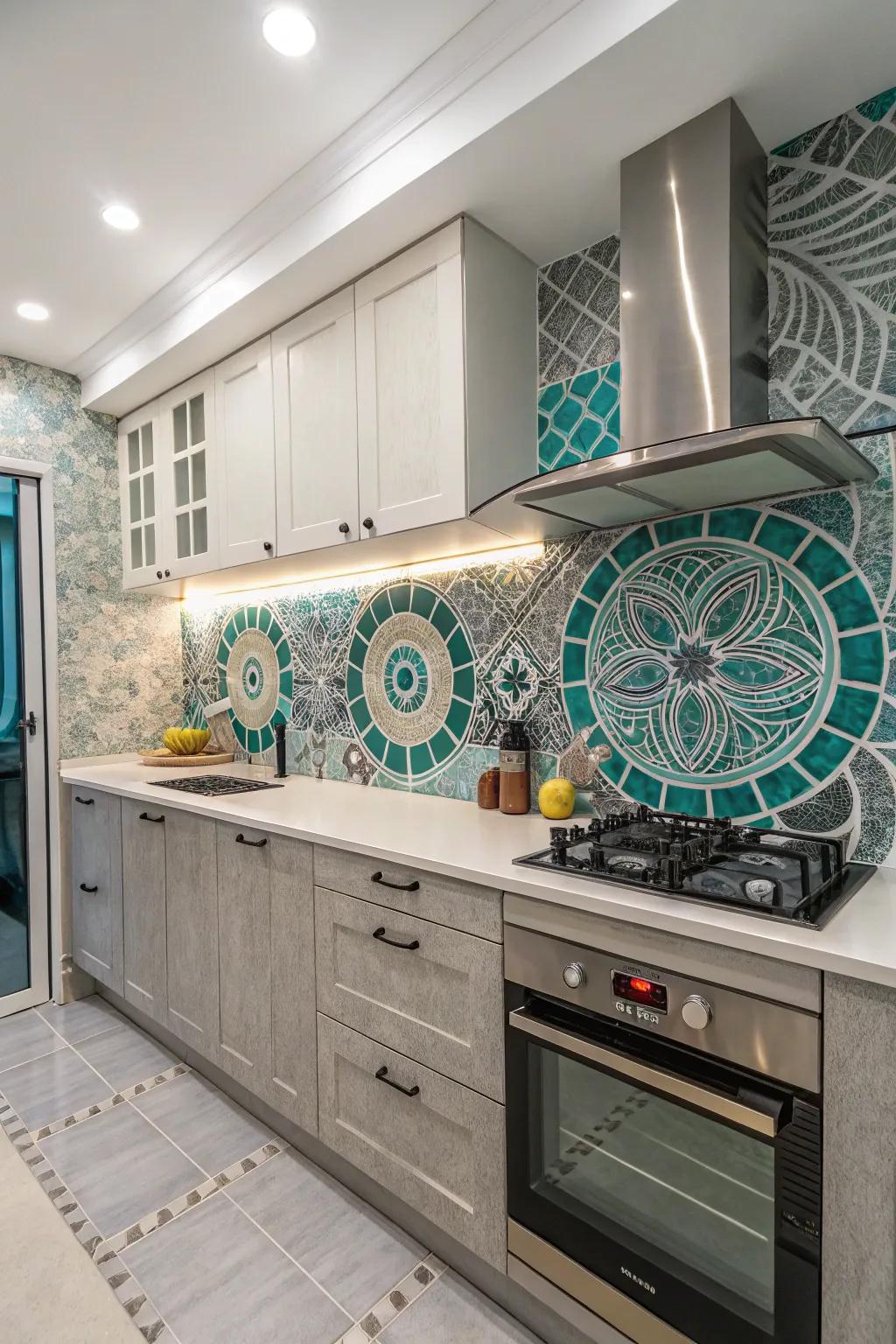 A mosaic backsplash incorporates texture and character to the cooking area.