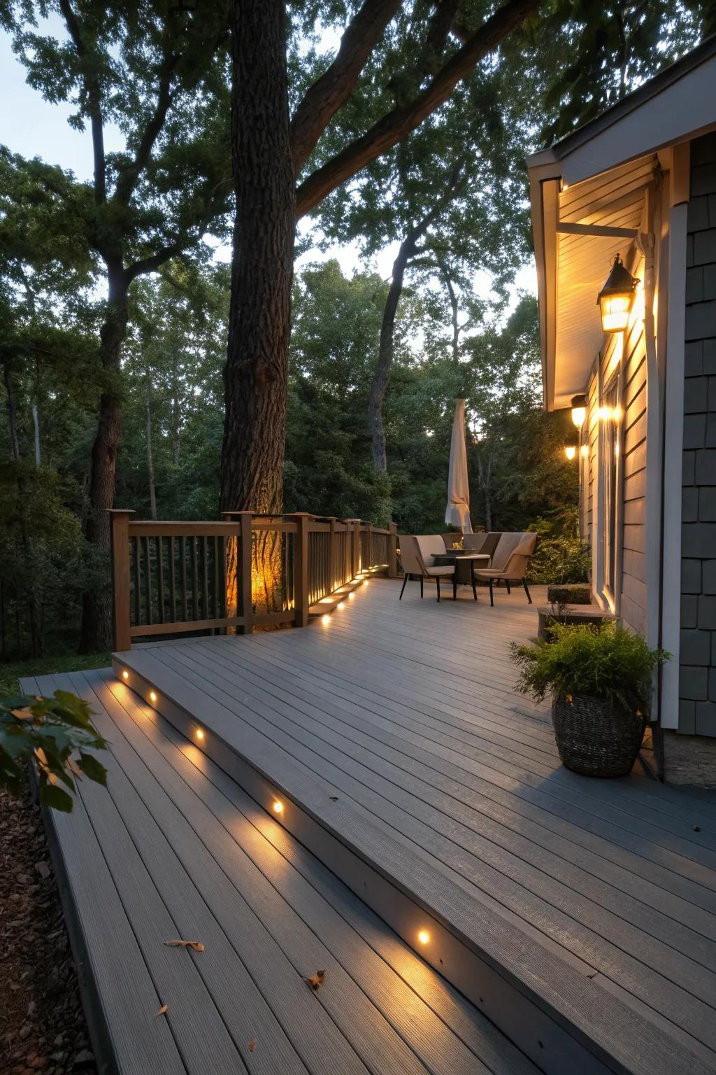 Intelligent lighting transforming the ambiance of a grey deck.