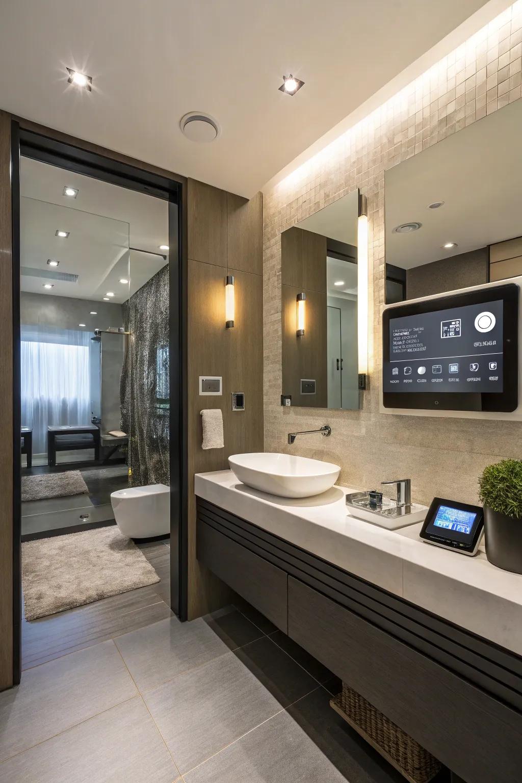 Smart technology enhances the modern functionality of this guest bathroom.