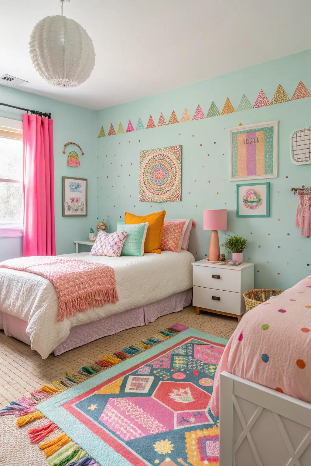 A playful guest room featuring inviting light tone combinations.