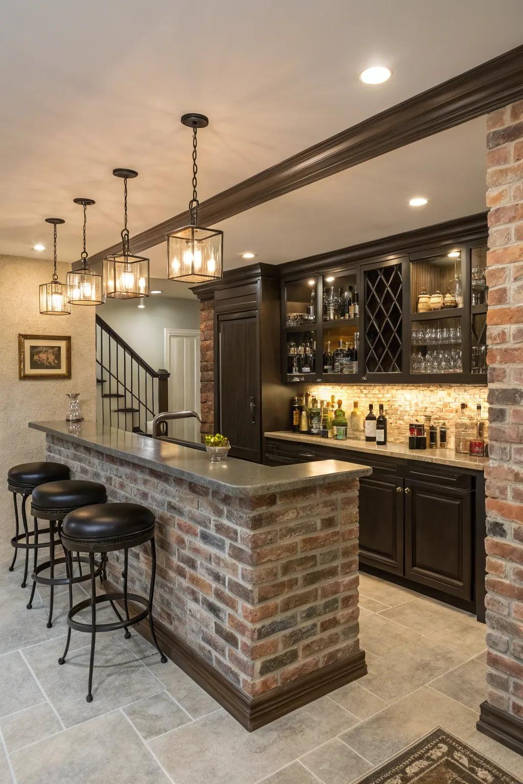 A chic home watering hole featuring a stylish brick half wall backdrop.