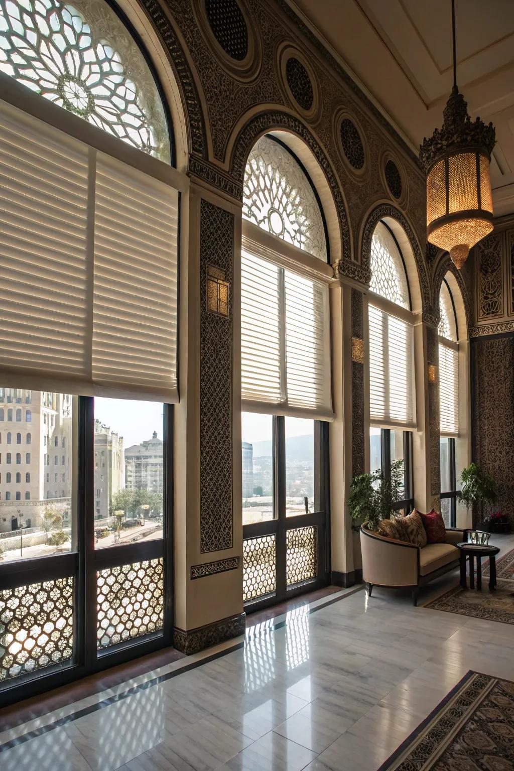 A chic room featuring rounded windows and half blinds.