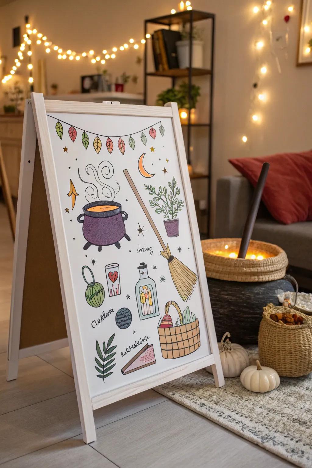A whimsical eccentric sorceress's atelier portrayed on a whiteboard.