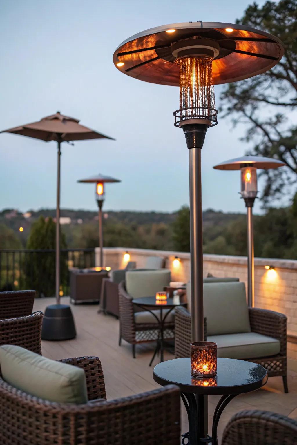 An outdoor patio with radiant lamps, ideal for pleasant gatherings during cool evenings.
