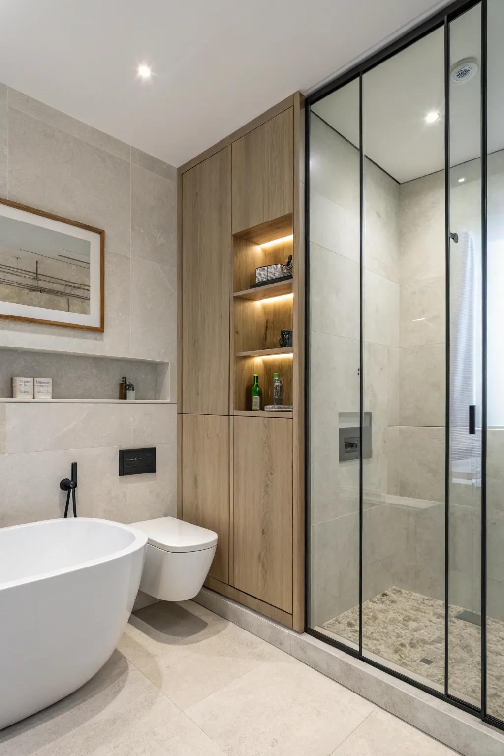 A minimal design concealing a cabinet seamlessly into the wall.