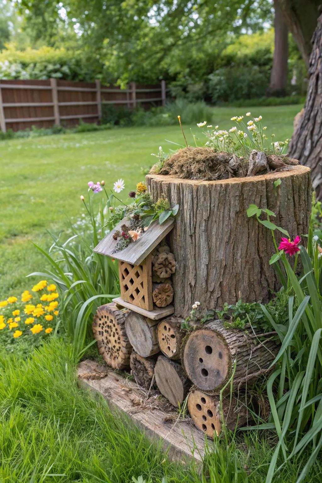 A bug sanctuary crafted from a tree stump promotes garden biodiversity.
