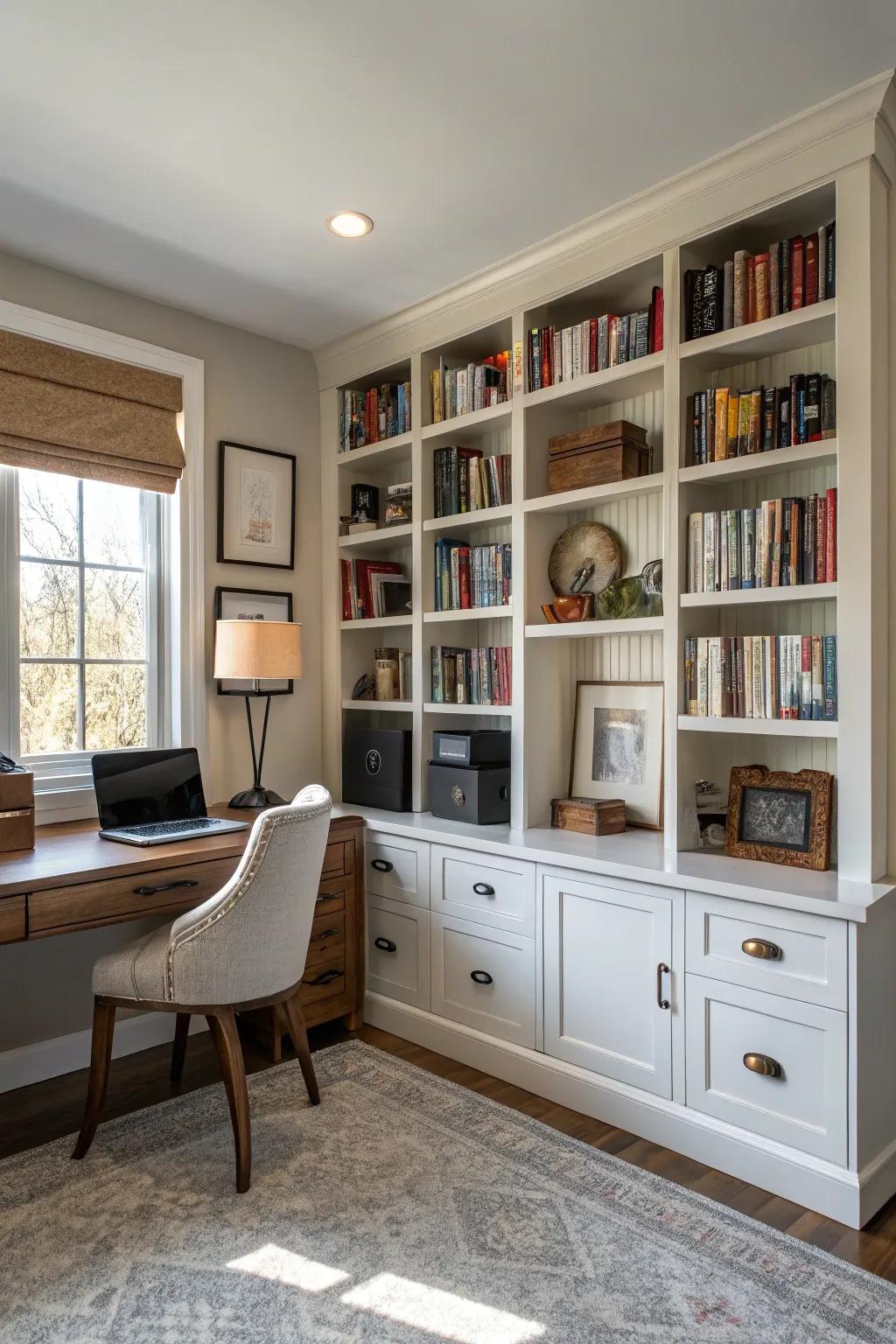 Using storage that goes up helps you keep your office organized and open.