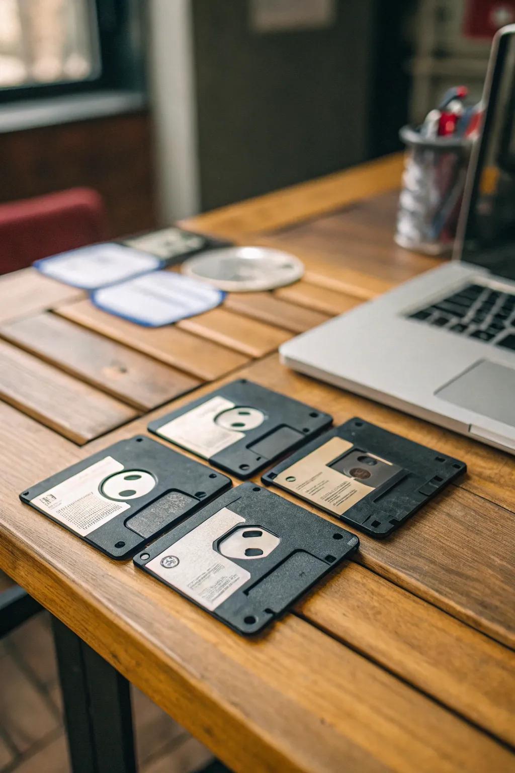 Flexible disc coasters contribute a techy impression to the tabletop.