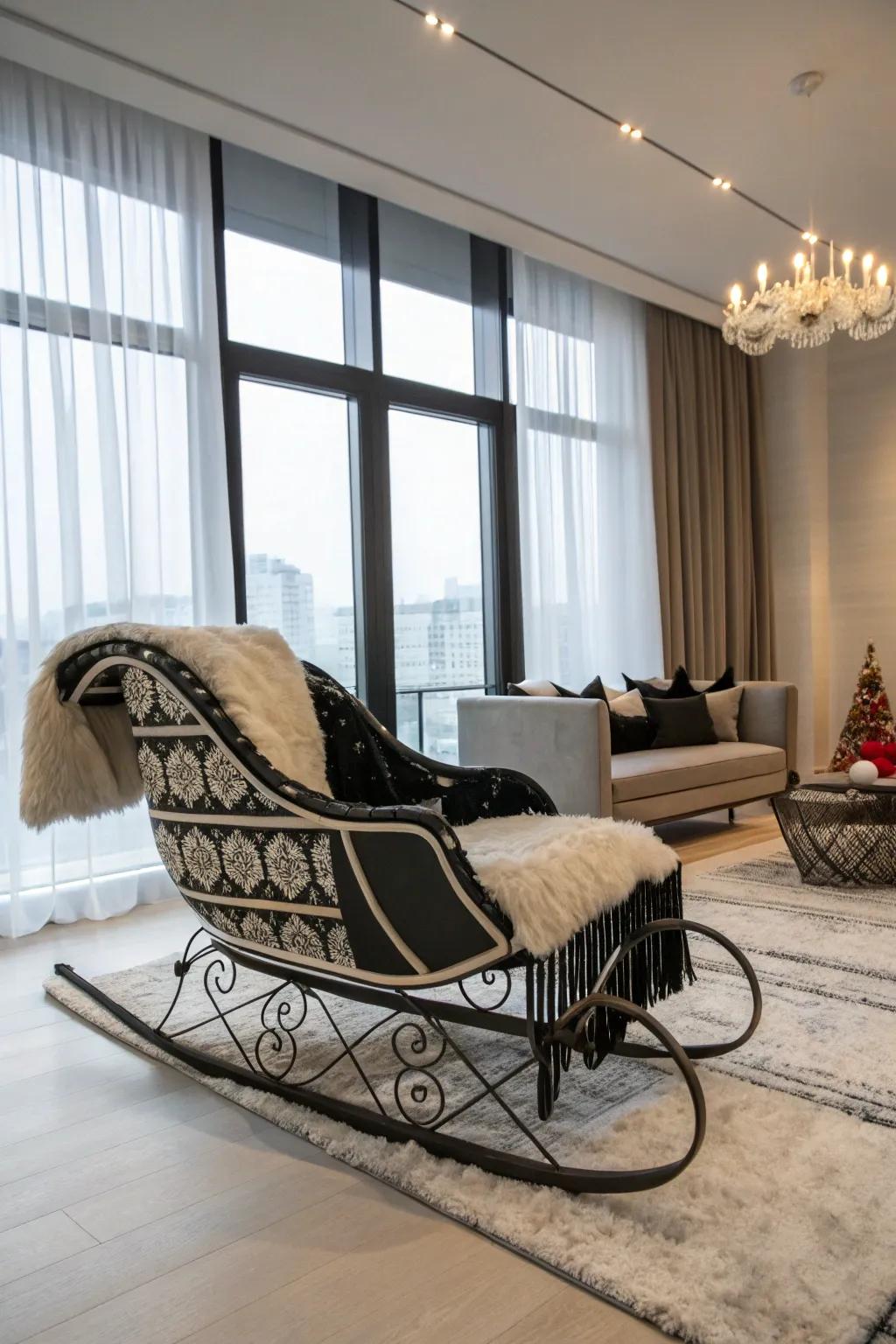 A modern sled featuring bold black and white highlights