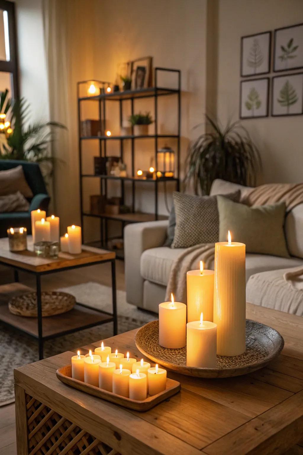 The gentle glow of candlelight introduces warmth and coziness to the living space.