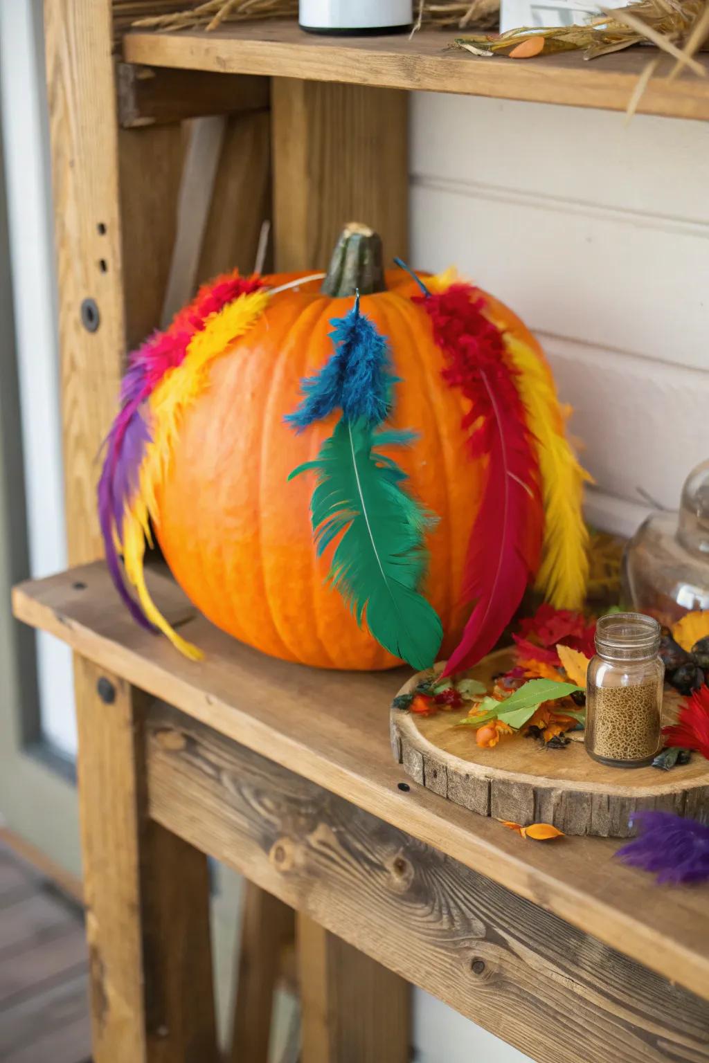 A plume-decorated pumpkin bringing a whimsical touch to the décor.