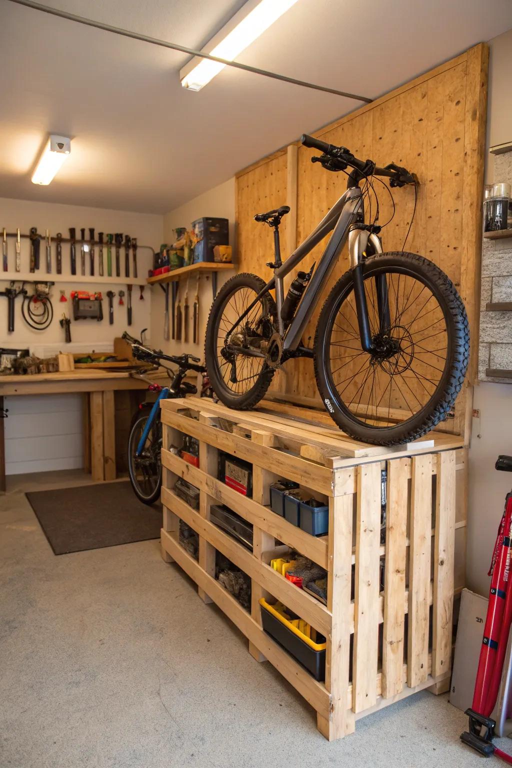 DIY pallet bike rack offers a rustic, budget-friendly option.