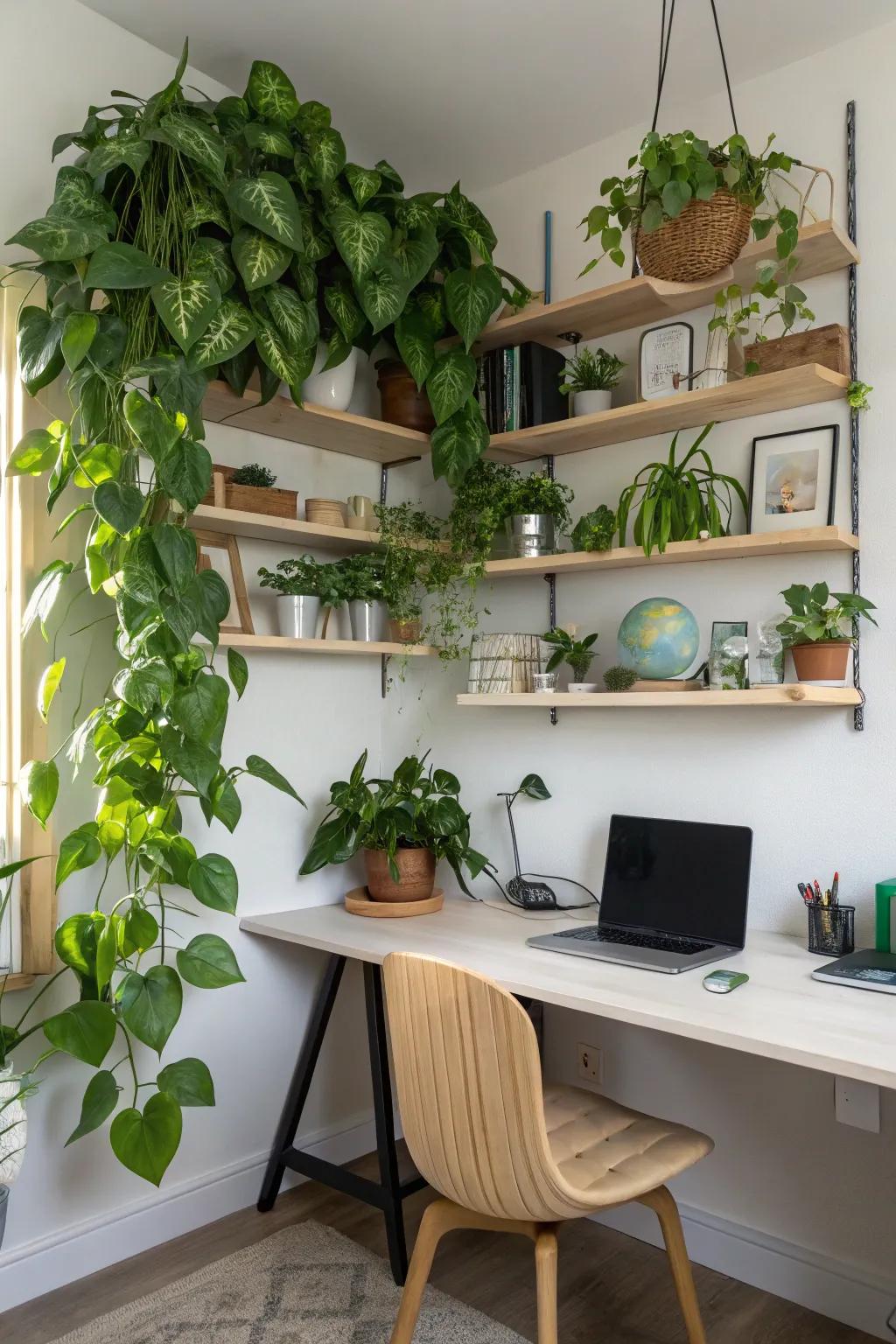 Refresh workspaces with radiant creepers on floating shelves.