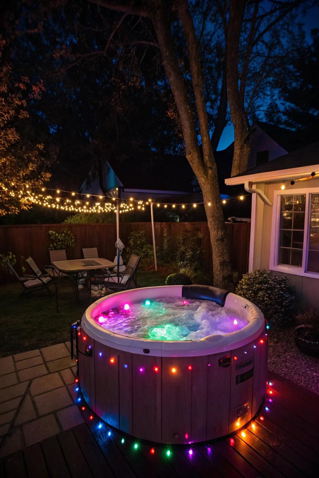 Distinct lighting transforms the bubbly spa into a vibrant oasis.