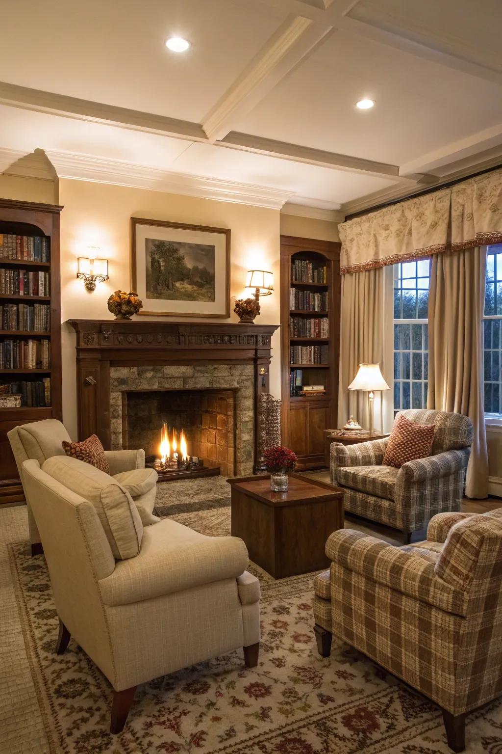 A fireplace setting encourages warmth and conversation.