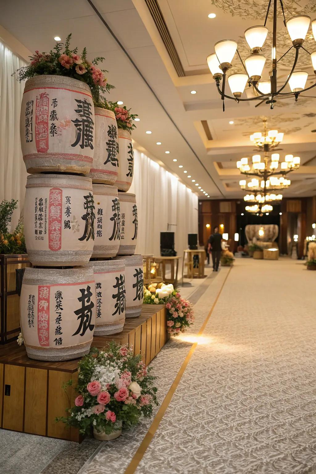 A rice wine display serves as a cultural element.
