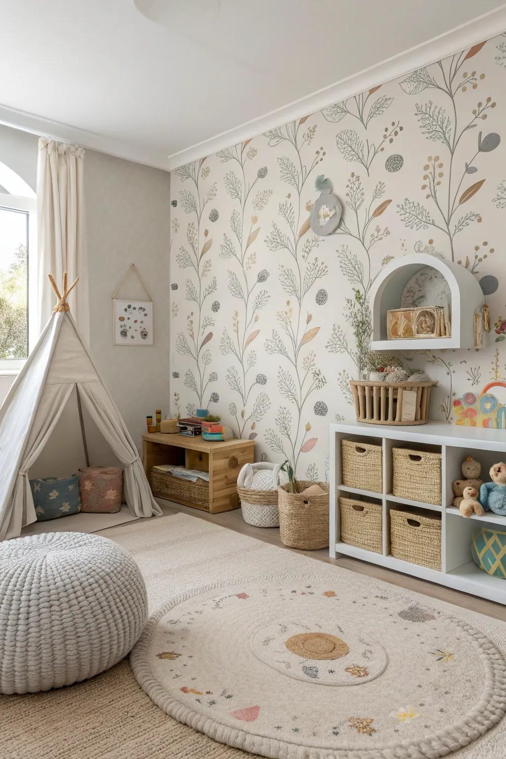 A playroom featuring eco-friendly wallpaper, combining safety with style.