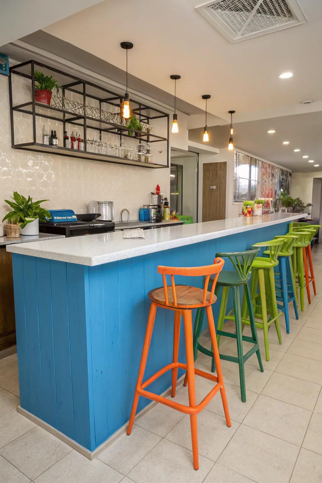 A burst of color brings vibrancy to the kitchen bar.
