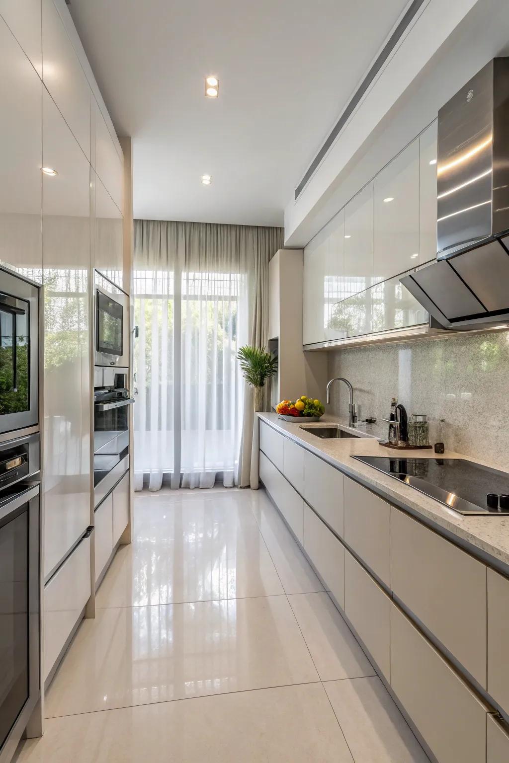 Assimilated appliances orchestrate a seamless and contemporary kitchen design.