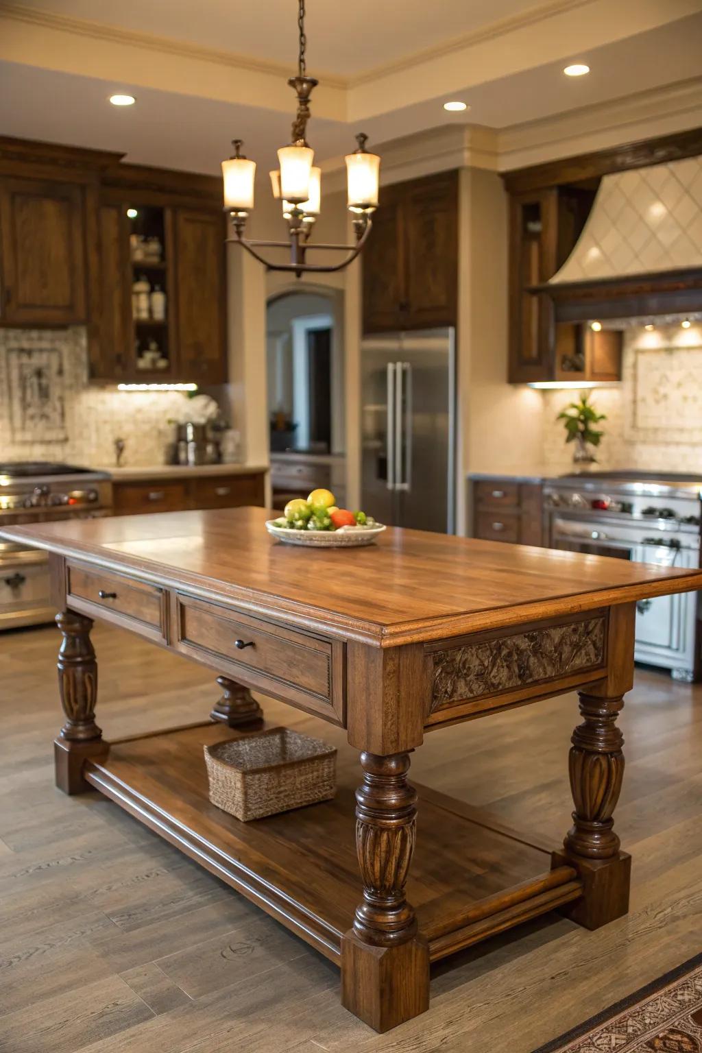 Timeless woodwork adds warmth to a central island design.