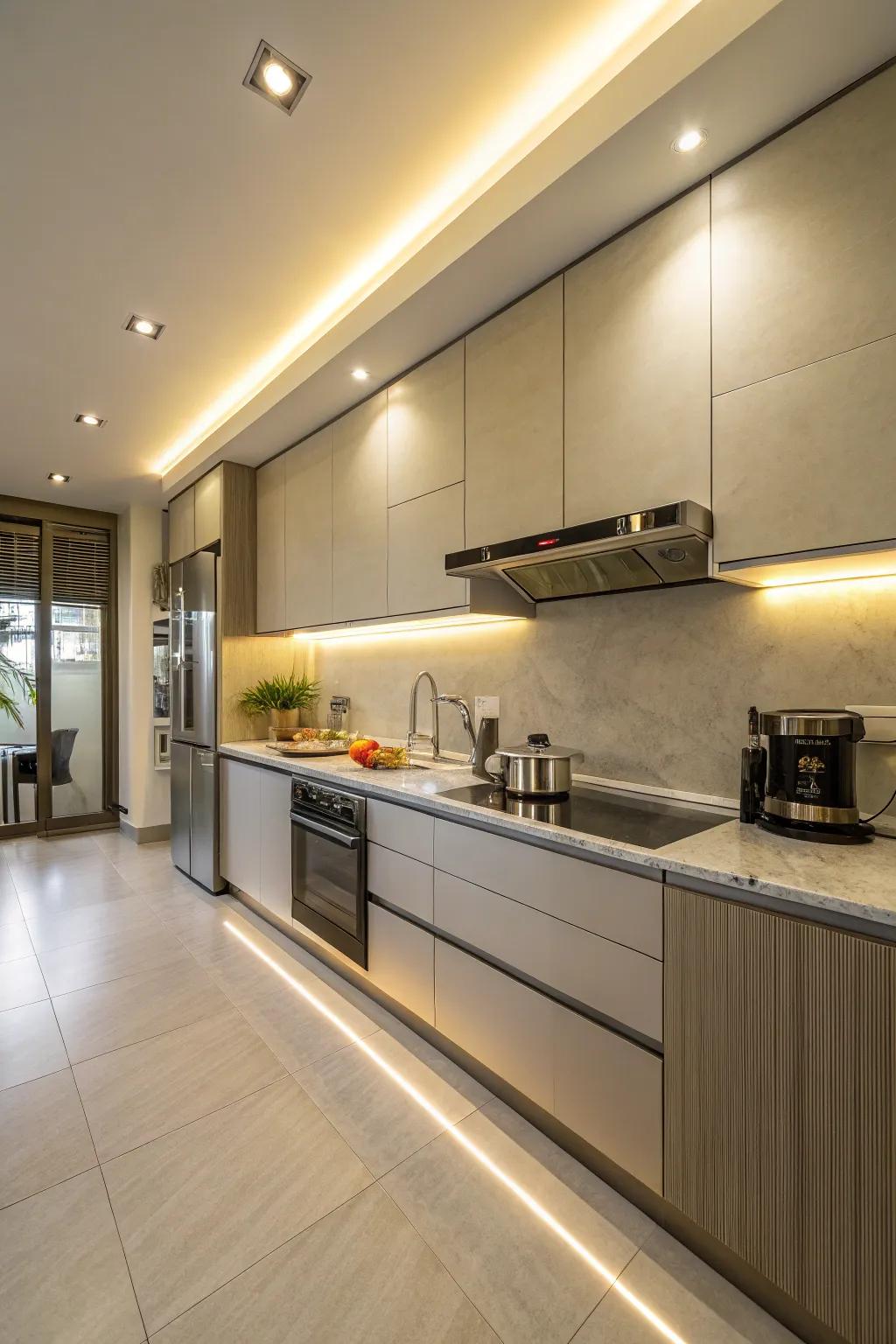 Under-cabinet lighting provides practical style and a modern touch to this cooking space.
