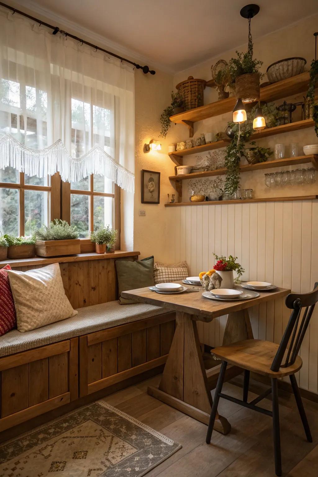 A seating space offers cozy dining in a compact space.