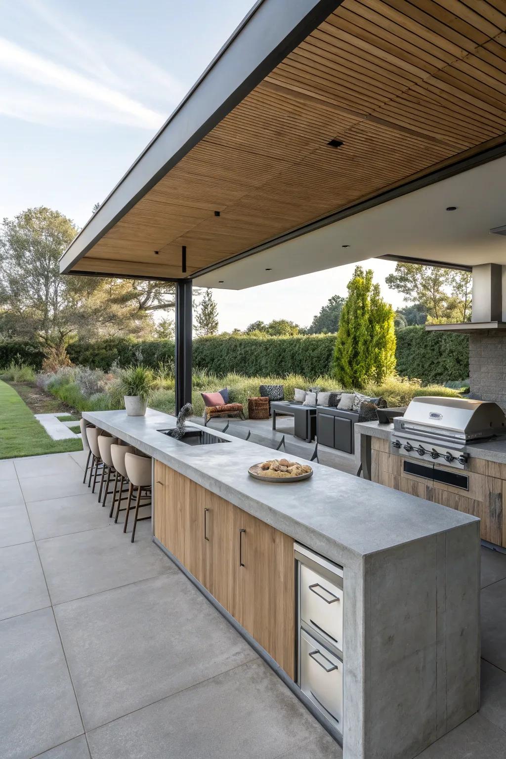 An indoor-outdoor kitchen space showcasing seamlessly extended concrete countertops.