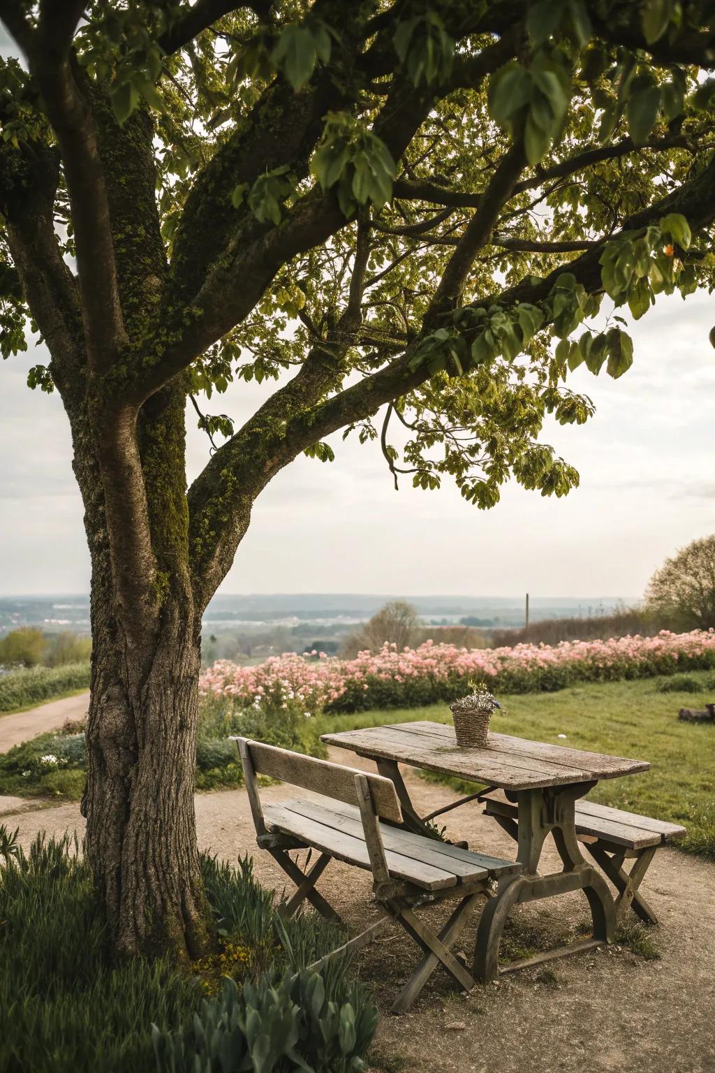 A seating area invites you to relax and enjoy the garden's beauty.