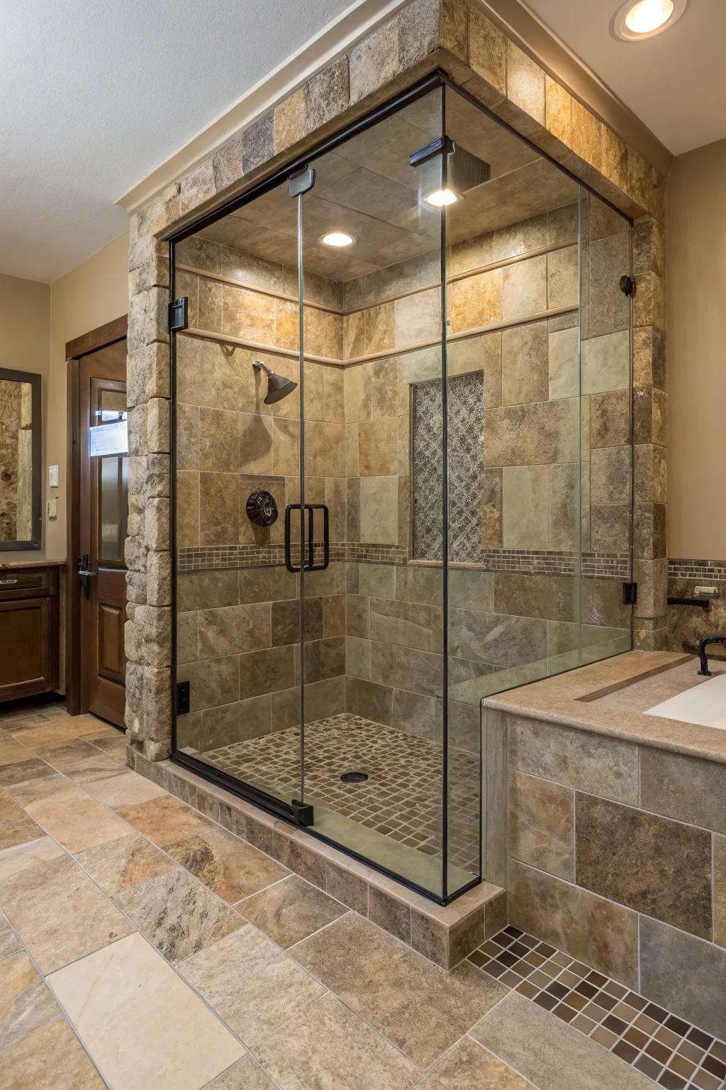 Uniting materials appends an eclectic charm to showers clad with expansive tiles.
