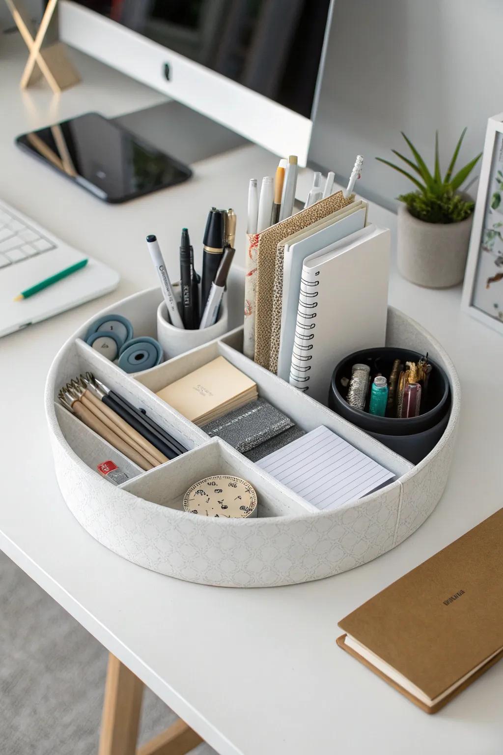 A stylish and organized desk featuring a spinning organizer.