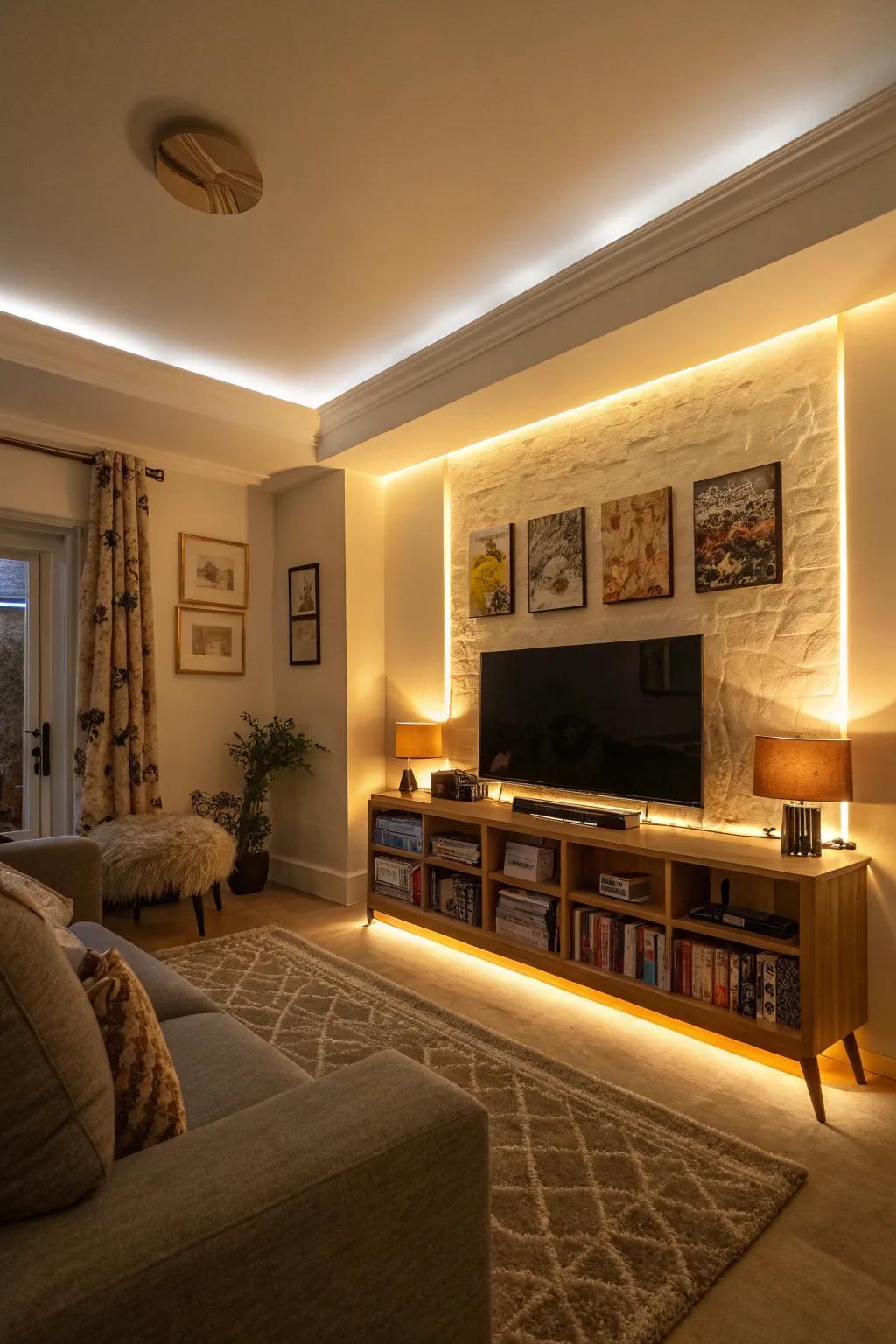 Dramatic feature wall highlighted through LED illumination.