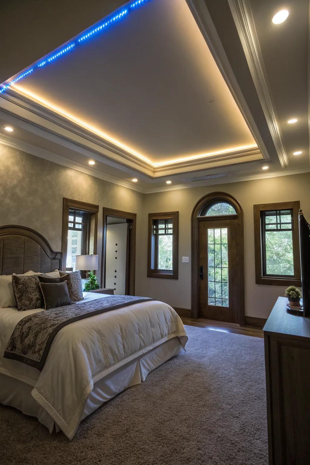 Architectural elements accentuated by illuminating bands.