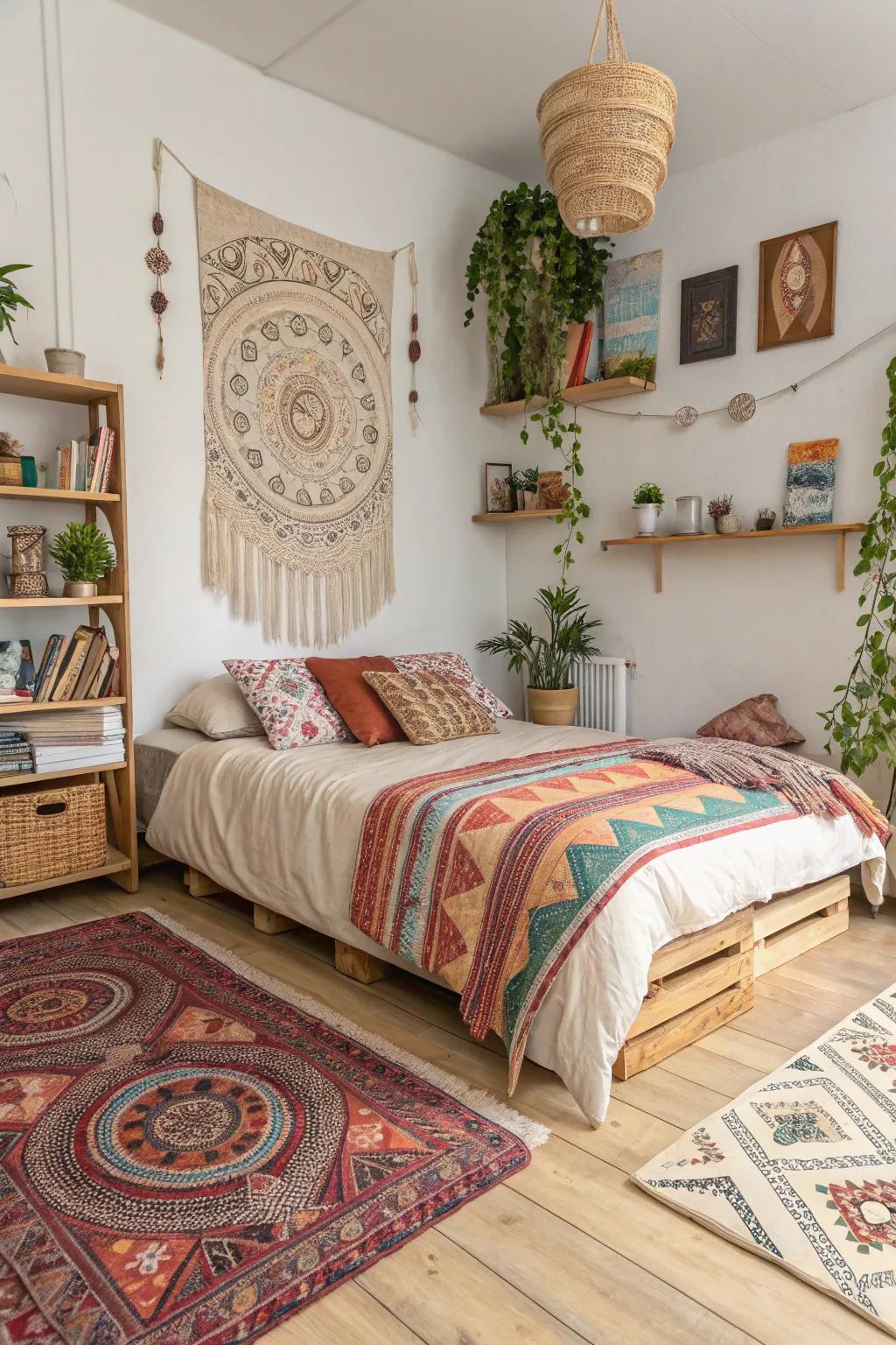 A bohemian vibe breathes color and energy into a bedroom featuring bright timber flooring.