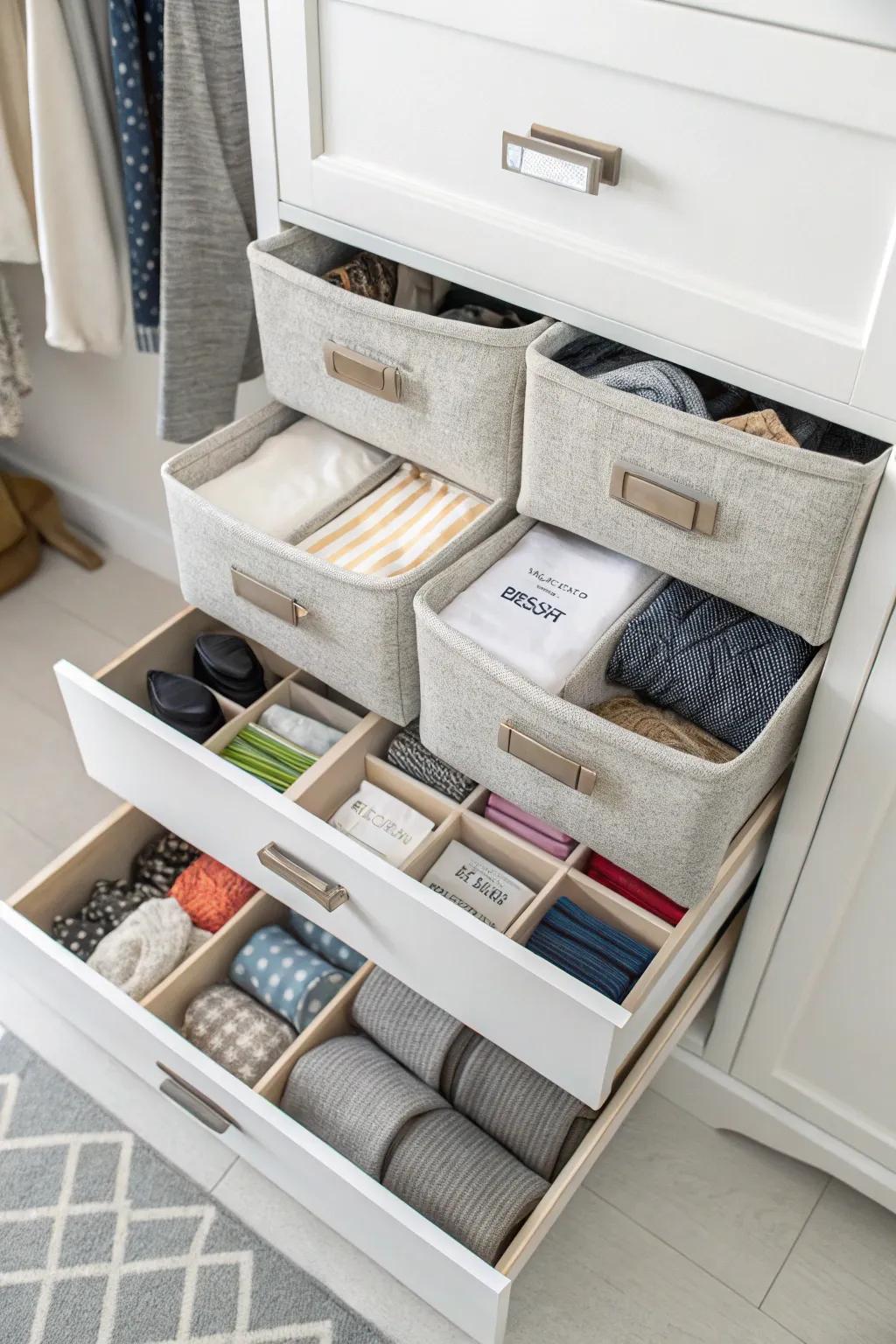 Drawer dividers help compartmentalize smaller items.