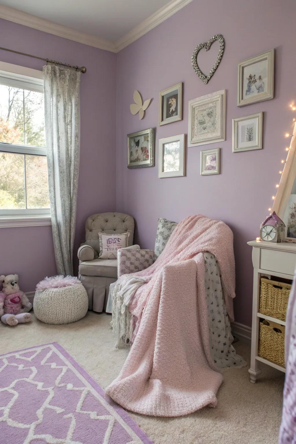 Lavender walls building a dreamy and tranquil space.