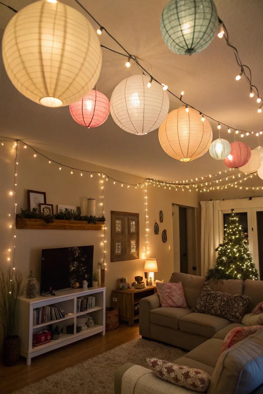 Overhead ornamentation offers a whimsical and surprising element to your holiday arrangement.