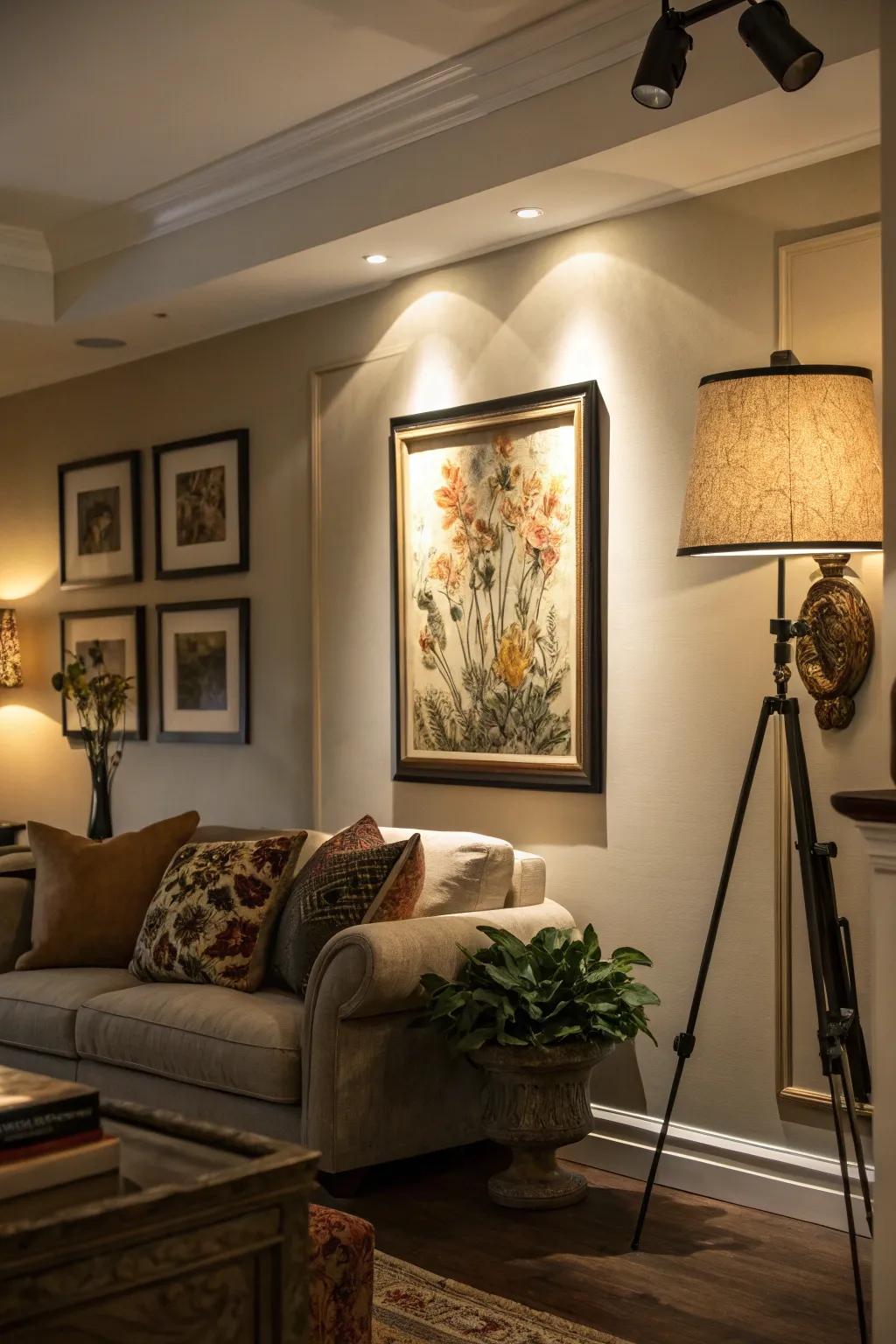 Lighting enhances the drama and focus on corner decor.