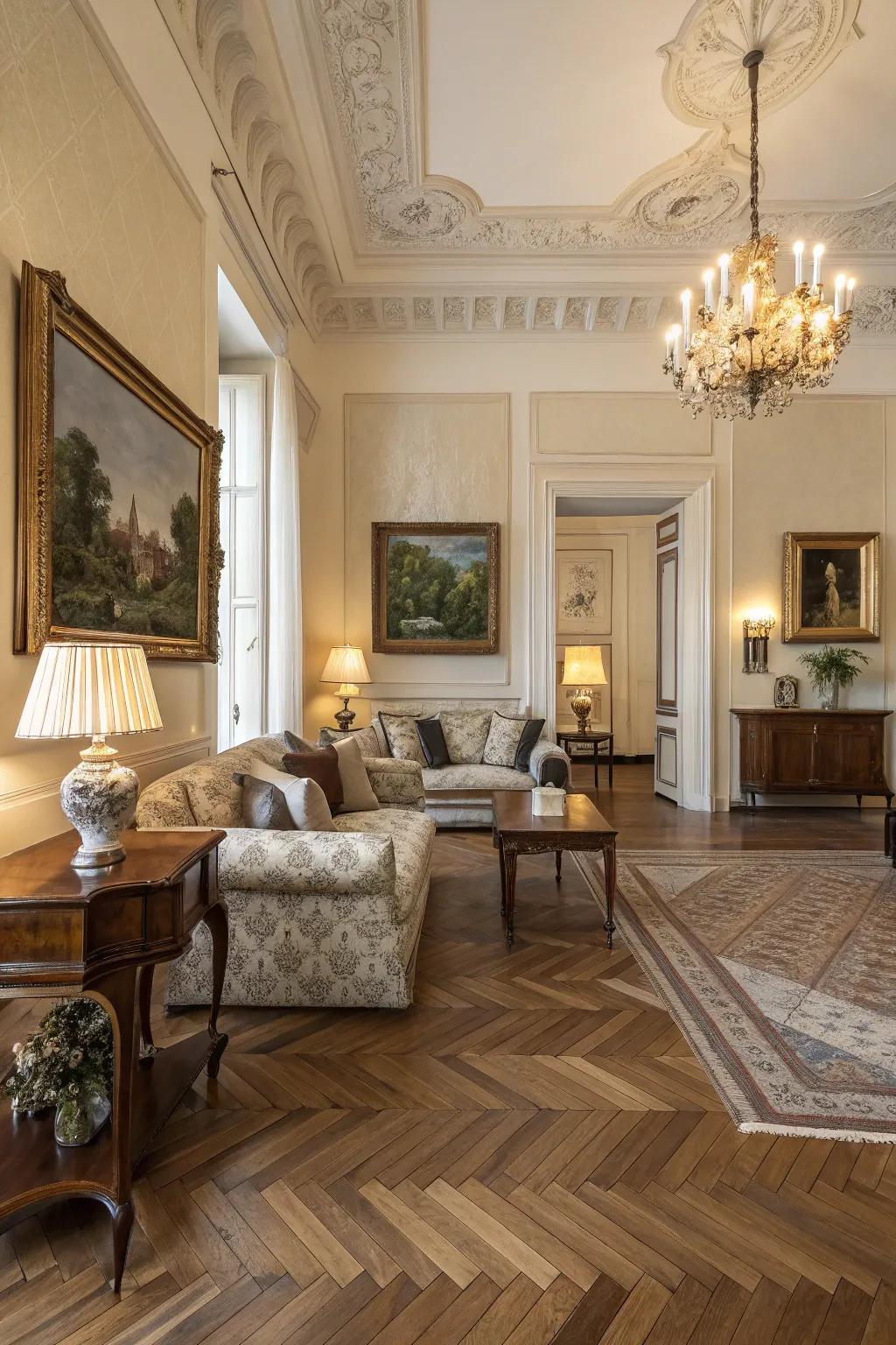 Herringbone patterns deliver timeless elegance and visual intrigue.