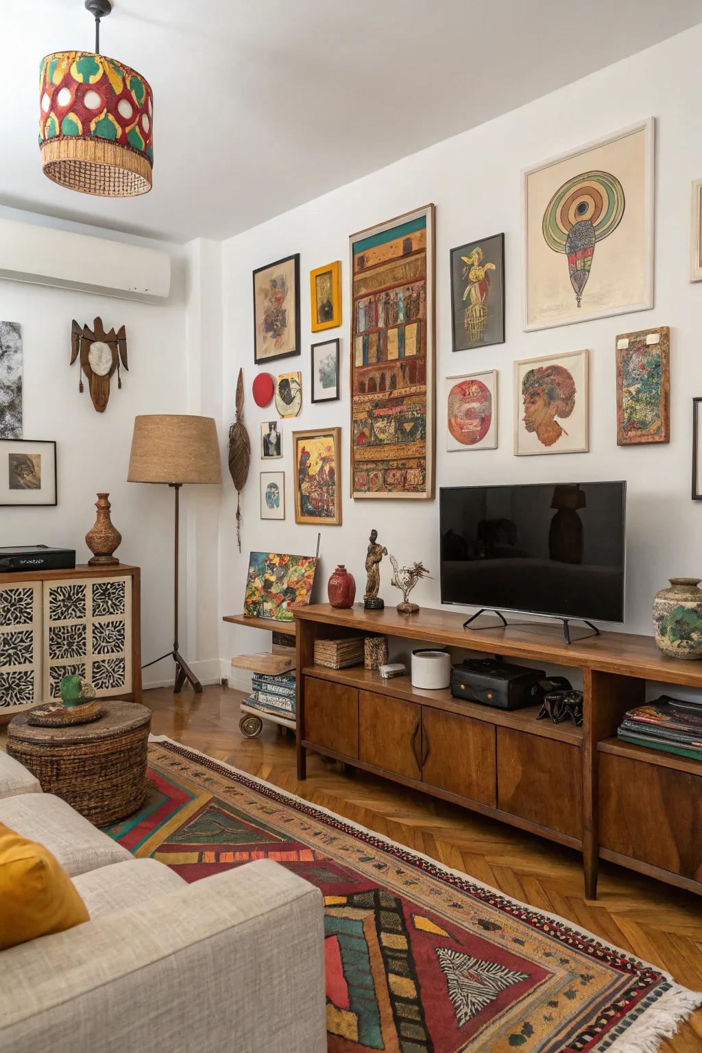 Art displays as a focal point in the living room.