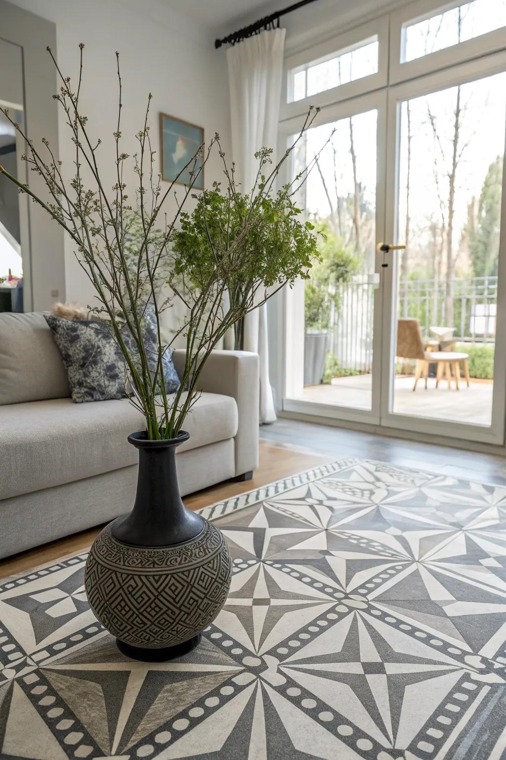On a vase, geometric patterns give living room décor a contemporary, artistic flair.