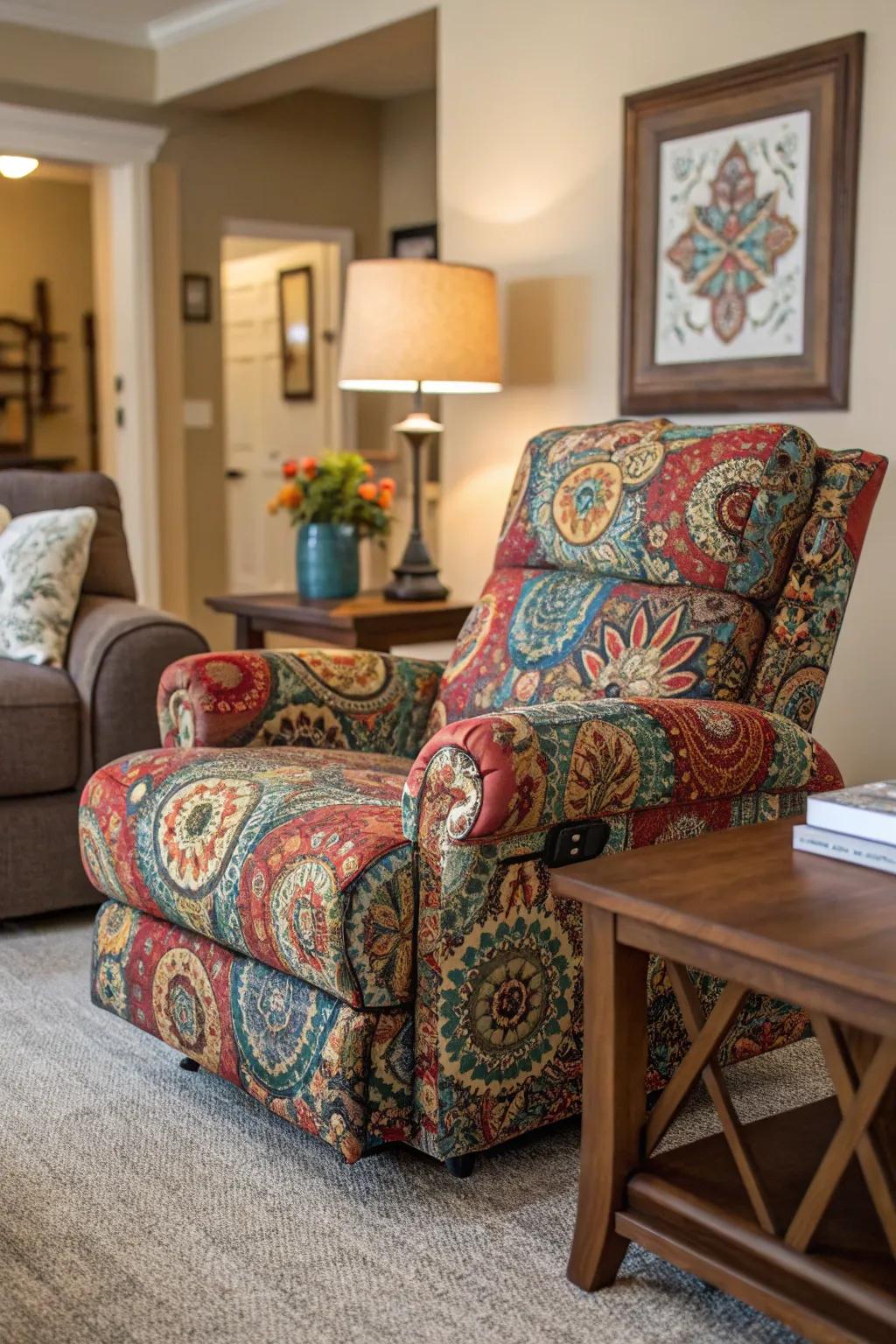 A lively living area showcasing a patterned recliner that adds character.