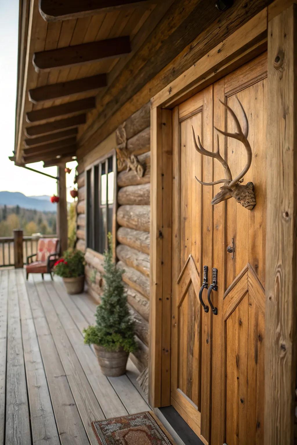 A log cabin doorway featuring distinctive shed antler grips.