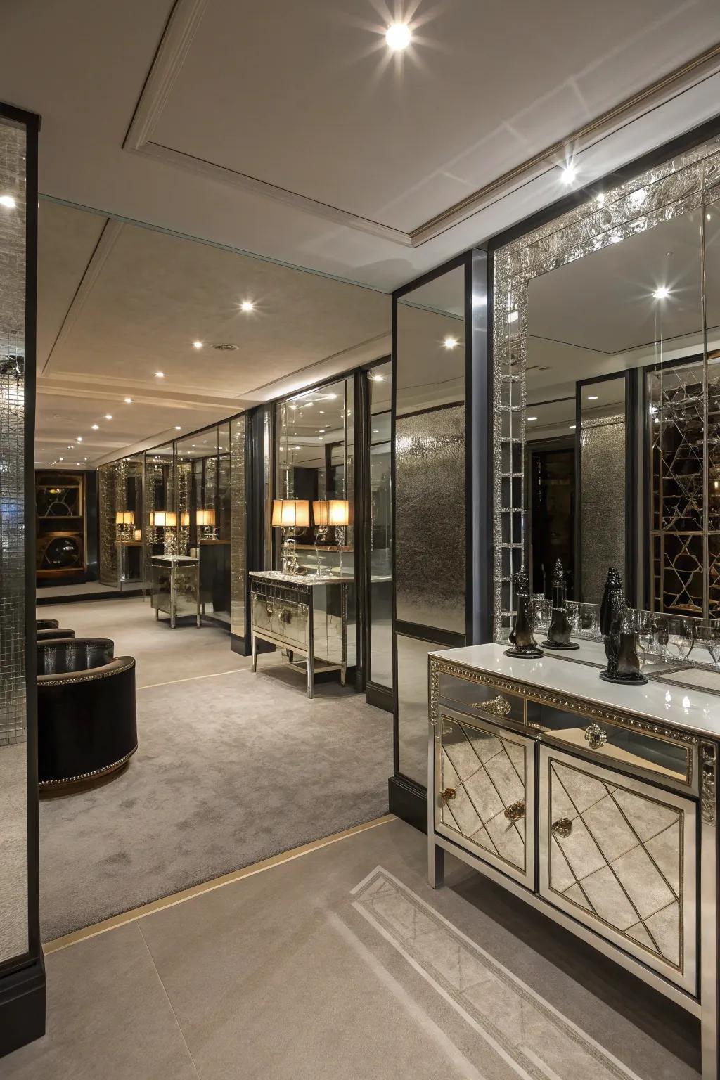 Mirrored furniture enhances the sense of area and light.