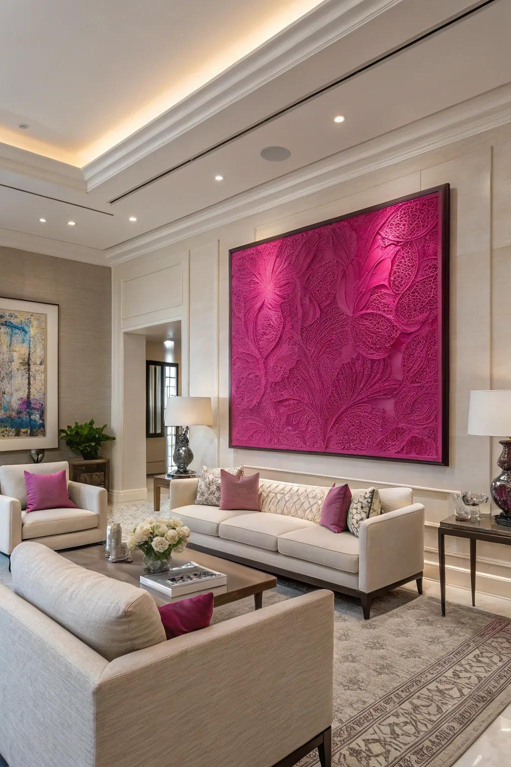 A large fuchsia artwork serves as a striking focal point in this modern room.