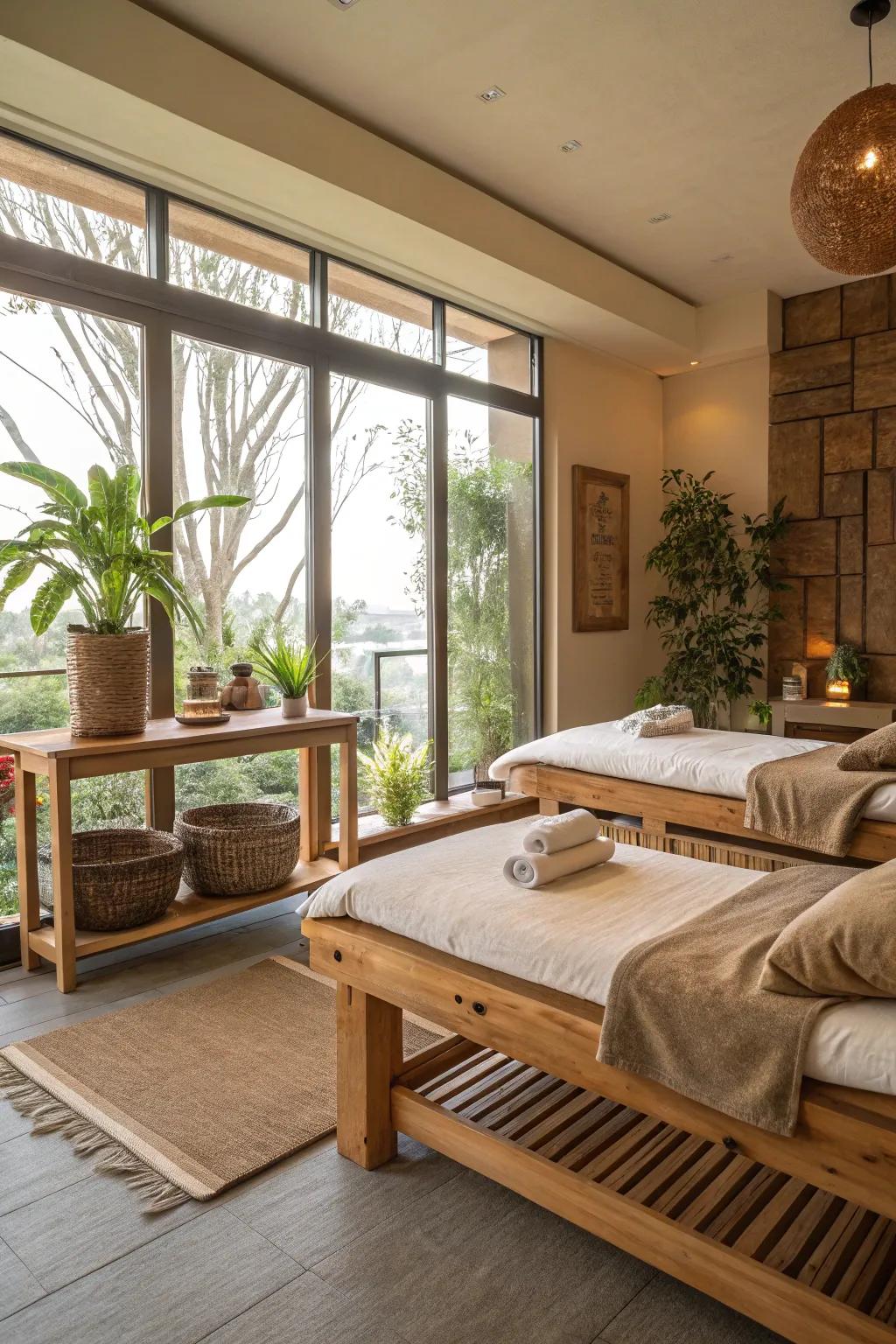 A massage room showcasing eco-friendly decor choices.